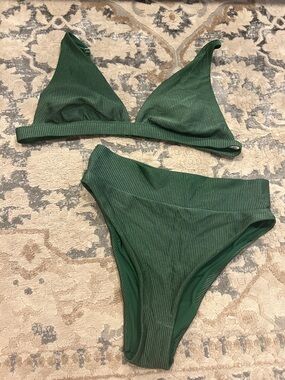 aerie Ribbed High-Cut Cheeky Bikini Bottoms in Dark Green